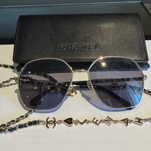 CHANEL Black and Gold Sunglasses with Chain